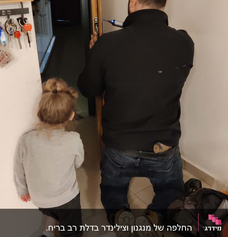 אדם מתקן מנעול דלת עם מברג